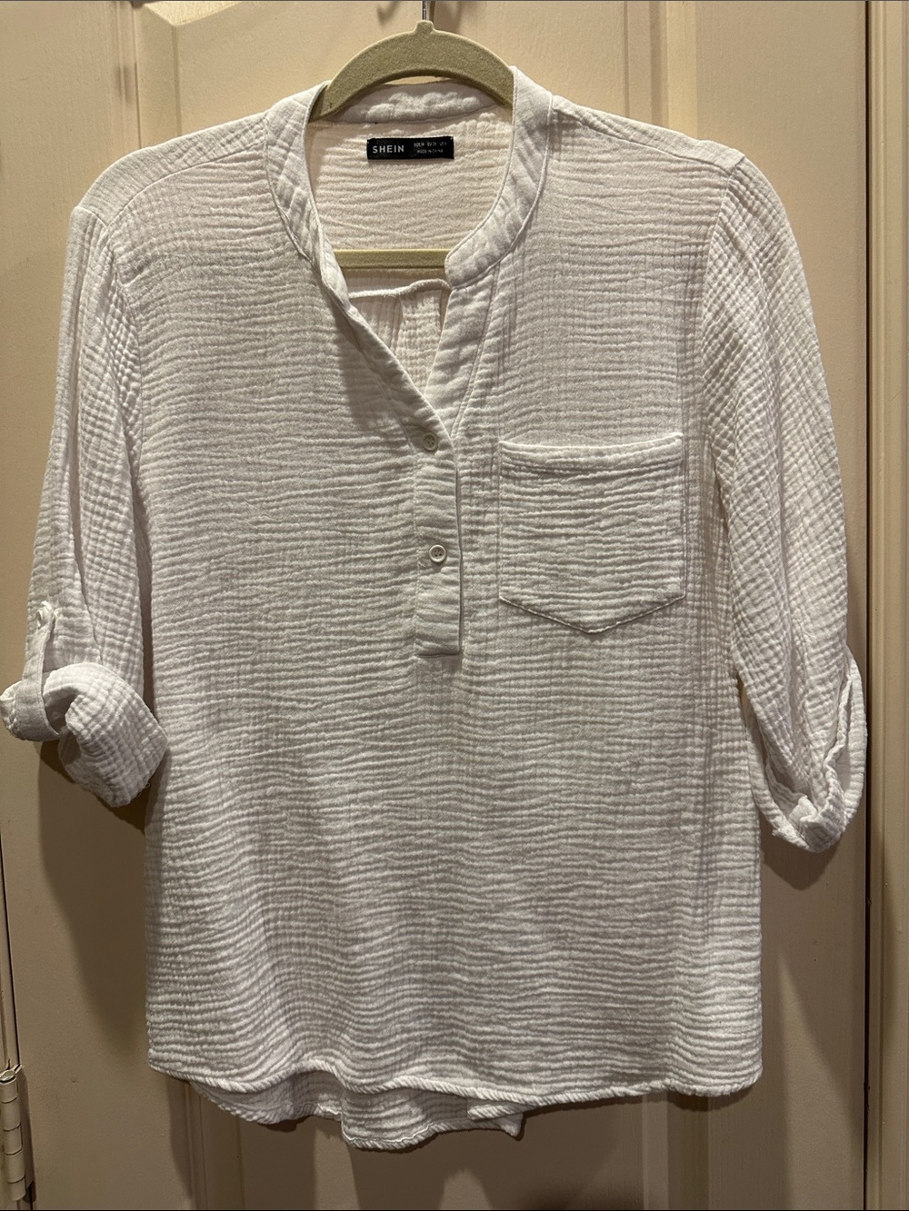 SHEIN White Textured Henley Pocket Shirt